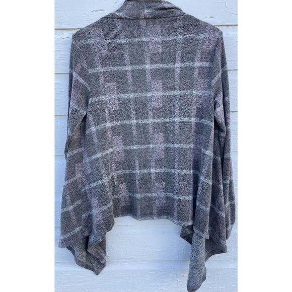 Bobeau Cardigan Sweater Gray Pink Plaid Women's M Open Front Country Cozy Knit - Picture 5 of 5